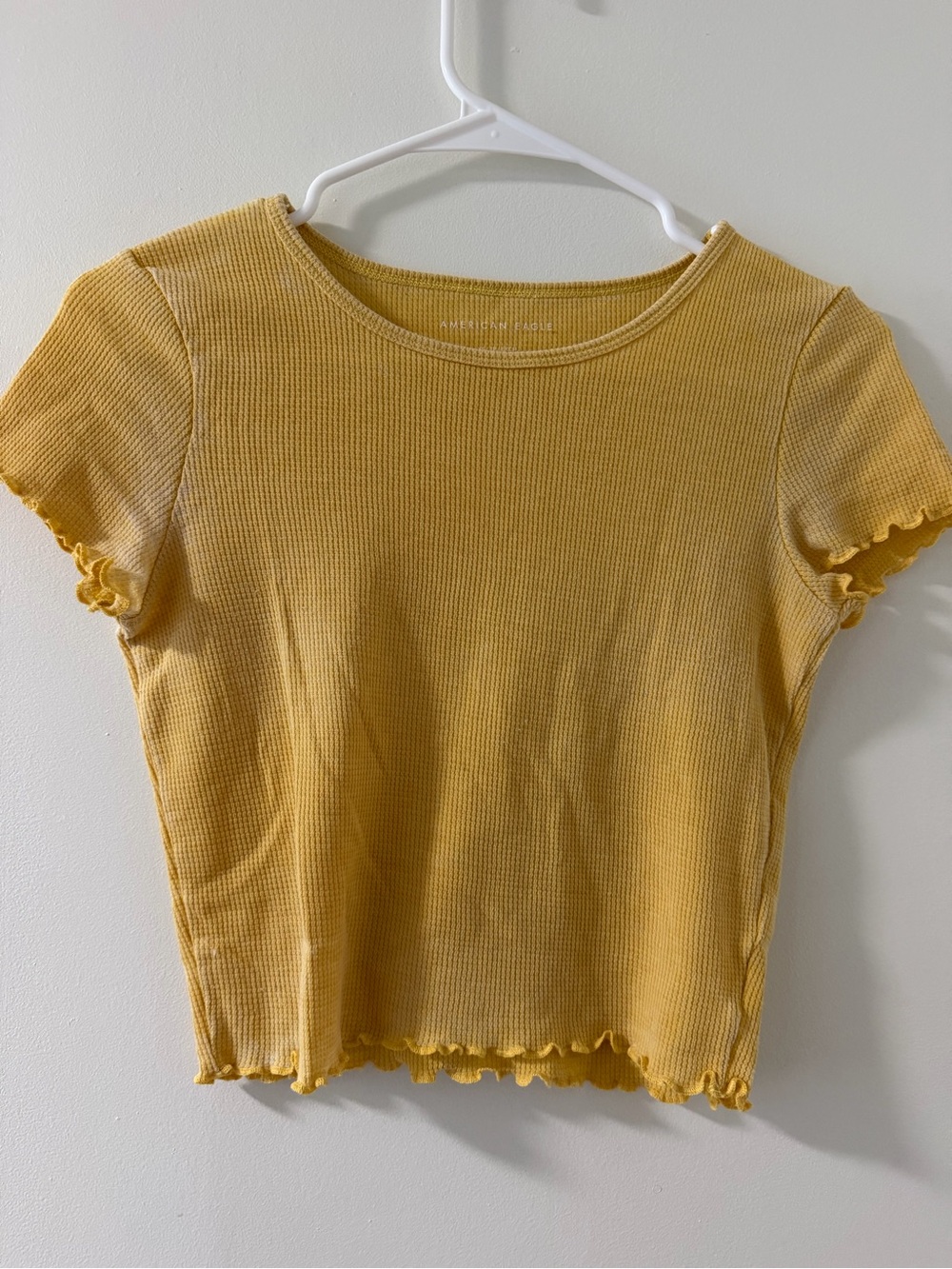 American Eagle Outfitters Yellow Ribbed Lettuce-Edge Crop Tee